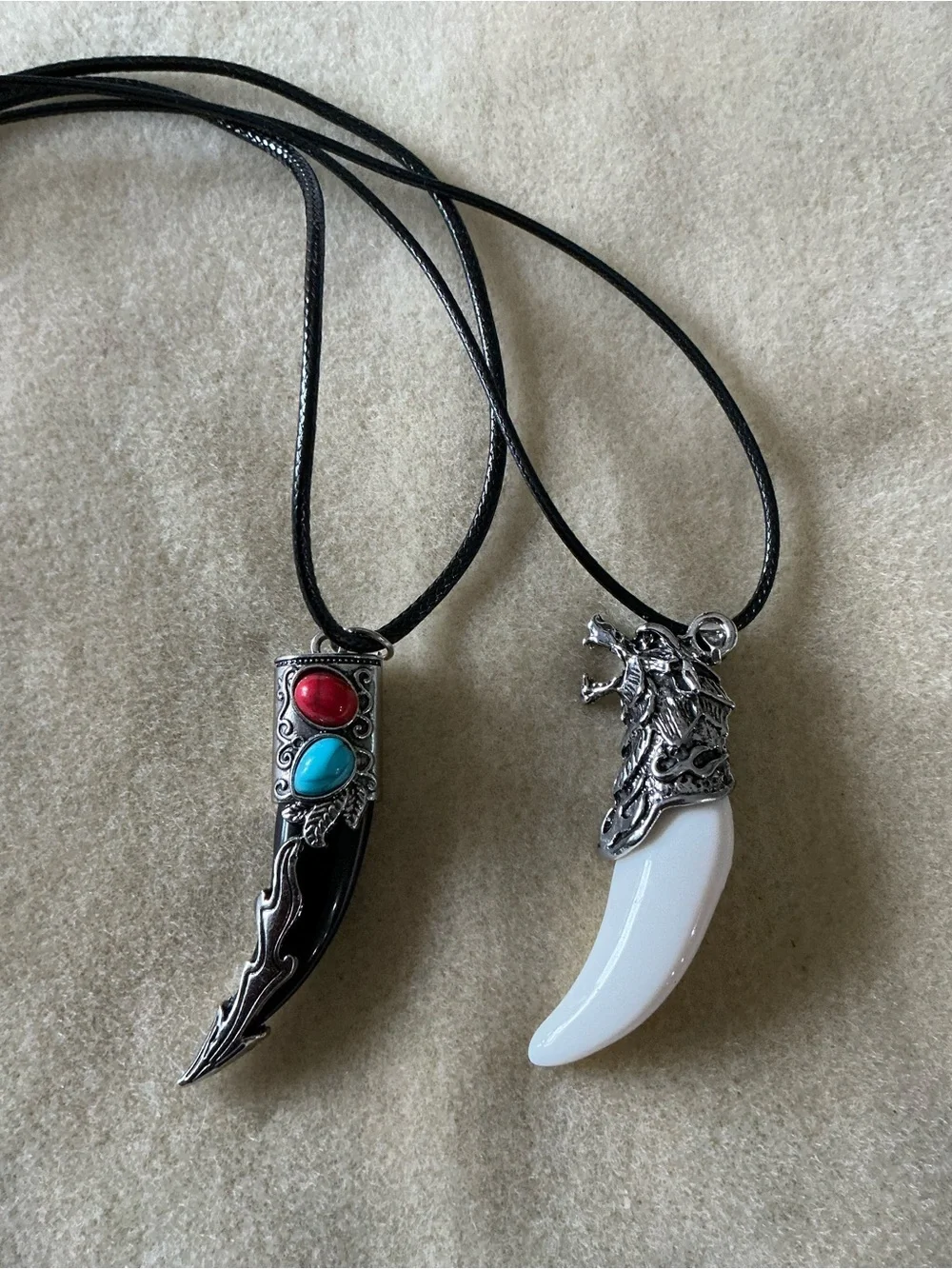 Women’s Black Cord Necklace with Red & Turquoise Accents and White Pendant